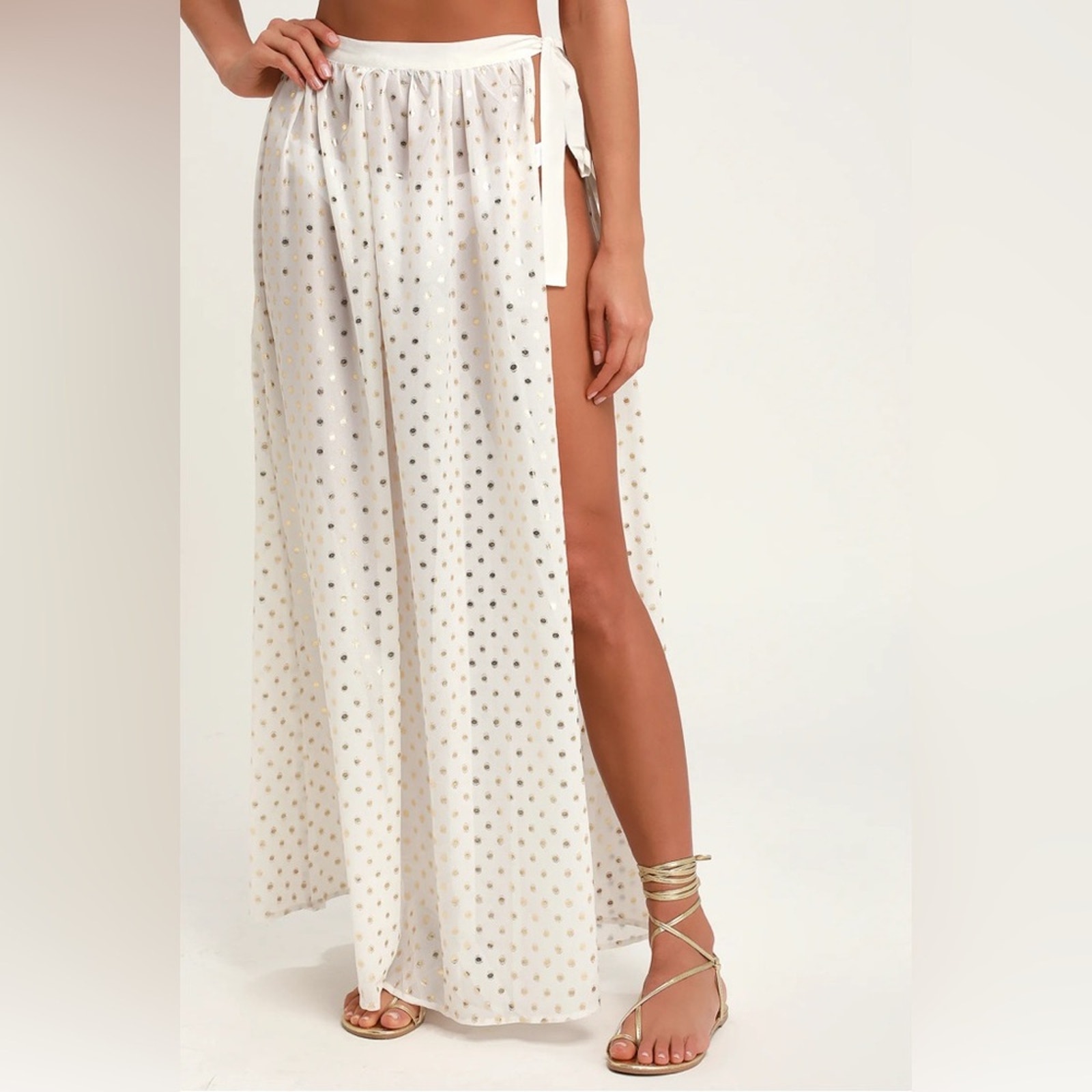 Lulus White Gold Polka Dot Cover Up Maxi Skirt Size S Nwt